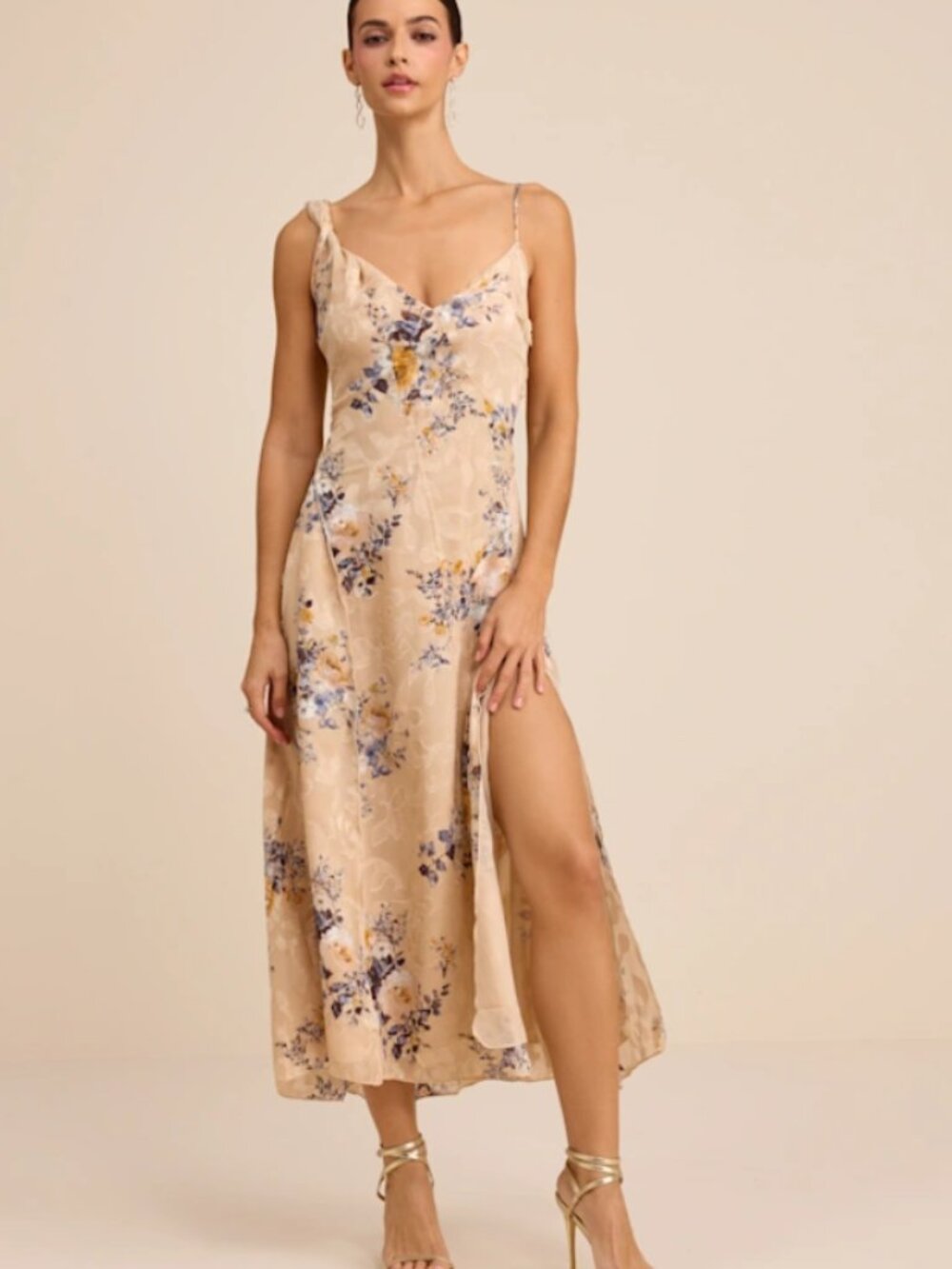 Lulus Eirwen Beige Floral Burnout Asymmetrical Midi Dress - Size S - Picture 2 of 4